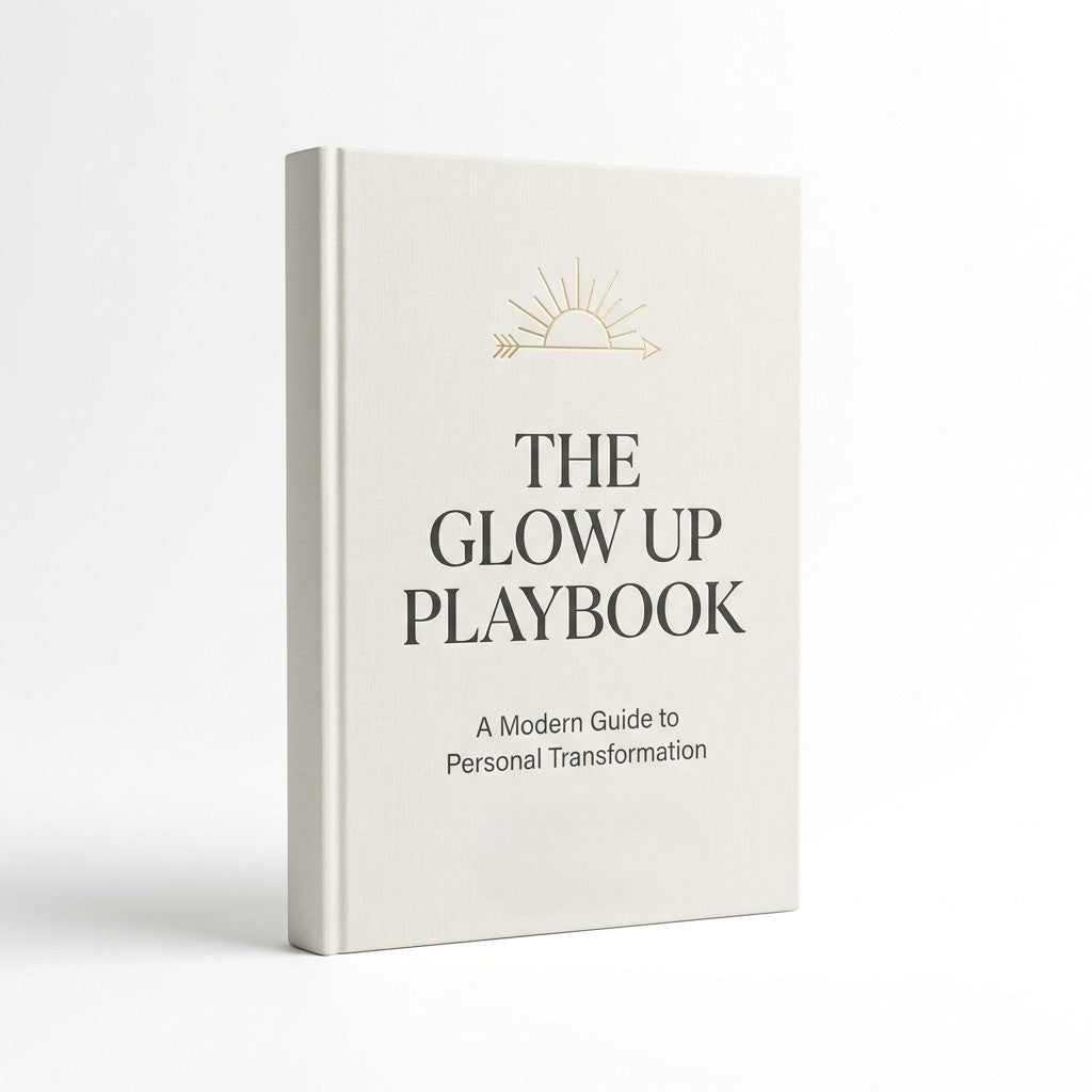 The Glow Up Playbook hardcover book featuring a minimalist white cover, designed as a modern personal transformation guide for self-improvement, productivity, confidence, and healthy habits.