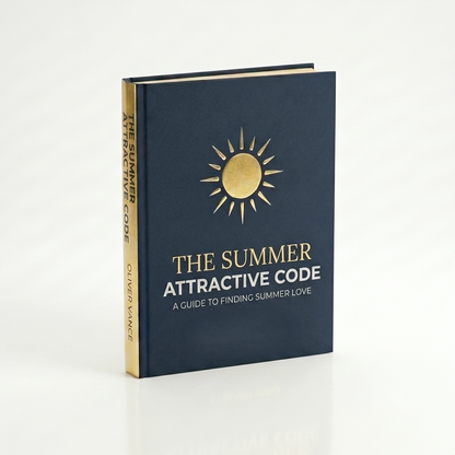 The Summer Attractive Code hardcover book with a navy blue and gold minimalist cover, offering practical advice on confidence, self-improvement, dating, social skills, and becoming more attractive during summer.