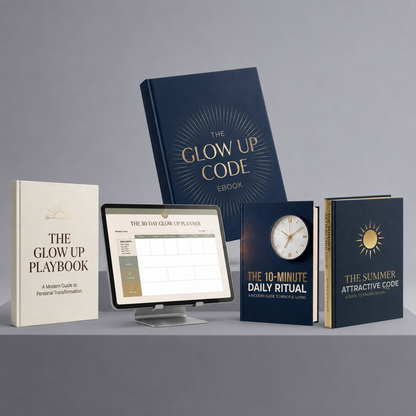 The Glow Up Code complete bundle featuring The Glow Up Playbook, The Summer Attractive Code books, and a digital 30-Day Glow Up Planner on a tablet.