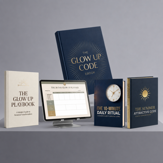 The Glow Up Code complete bundle featuring The Glow Up Playbook, The Summer Attractive Code books, and a digital 30-Day Glow Up Planner on a tablet.